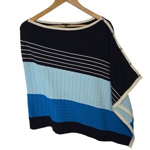 Talbots Womens Blue Colorblock Cable Knit Asymmetrical Poncho Sweater Button